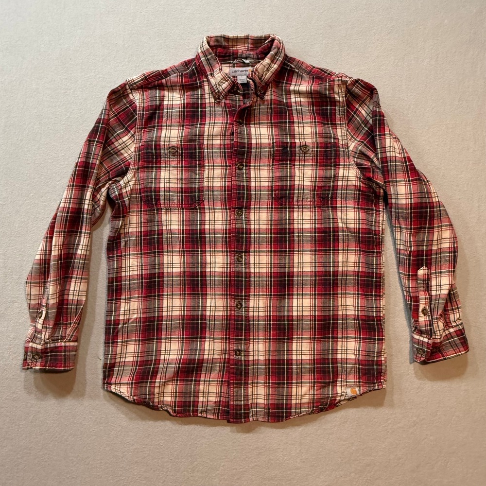 Carhartt Flannel Red Plaid‎ 100% Cotton Workwear Button-Up Shirt Men L Relax Fit